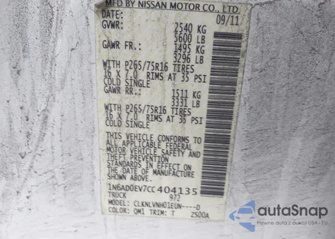 2012 Nissan Frontier Pro-4X z USA, uszkodzony, nr VIN 1N6AD0EV7CC404135